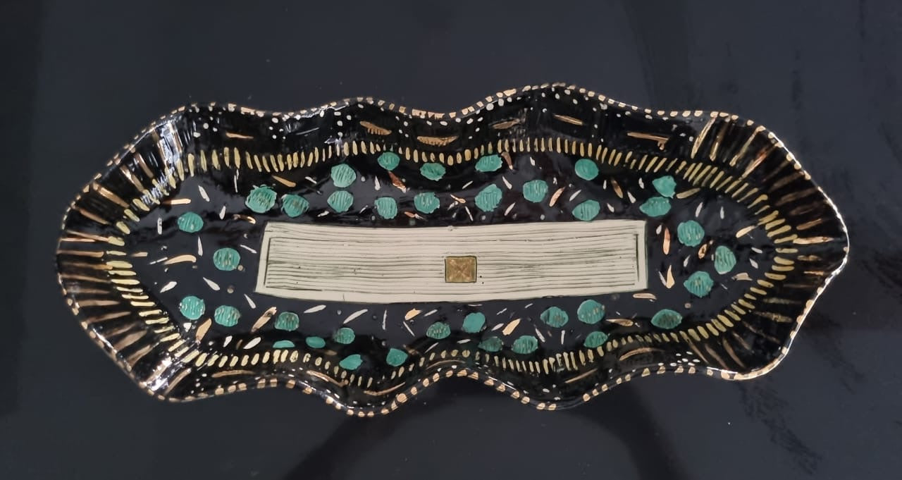 Oval Platter in black, gold & turquoise with feet (small)