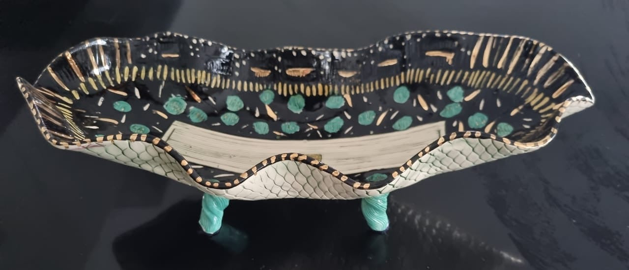 Oval Platter in black, gold & turquoise with feet (small)